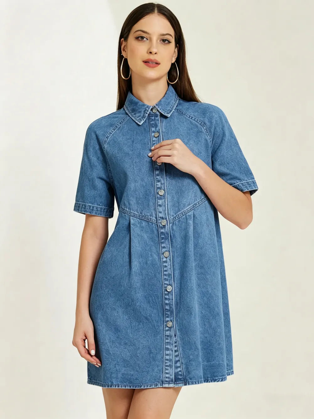 3/4 Lantern Sleeve Babydoll Mini Jean Denim Shirt Dress