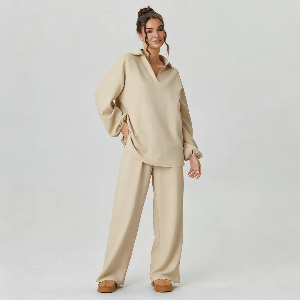 Women's Slouchy Solid Color V-Neck Loose Textured Pullover & Drawstring Waist Trousers Co-ord