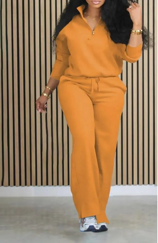 Women's Solid Half Placket Split Hem Pants Set