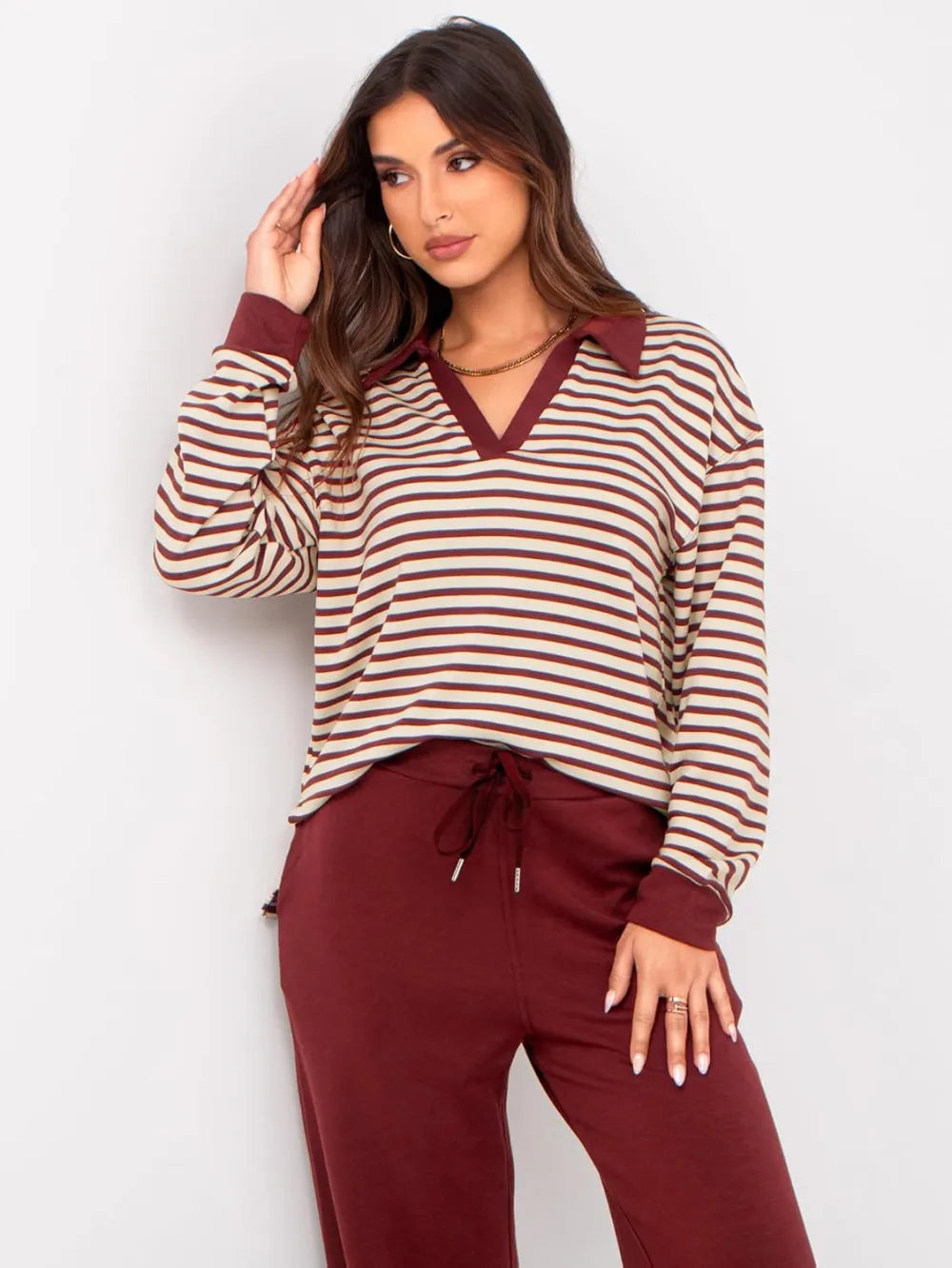 Women's 2 Piece Sets Outfits Casual Long Sleeve Sweatsuits Polo Top and Wide Leg Pants Matching Sets