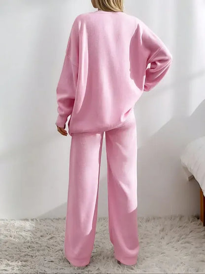 Women's Solid V Neck Cardigan & Elastic Waist Wide Leg Pants Two-piece Set