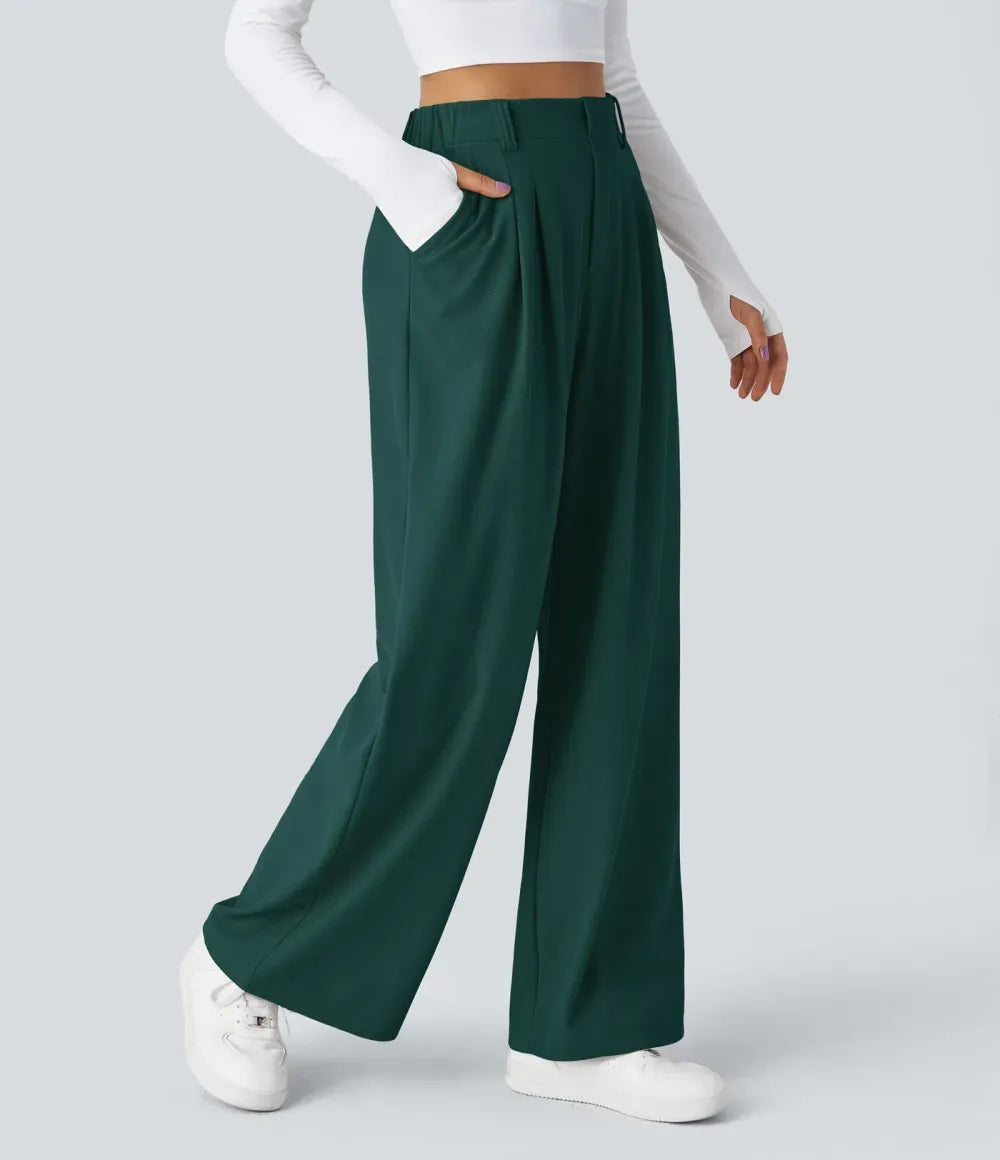 High Waisted Side Pocket Wide Leg Waffle Work Pants