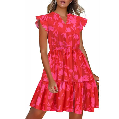 Women's Floral Printed Ruffle Sleeve Tiered Mini Dress