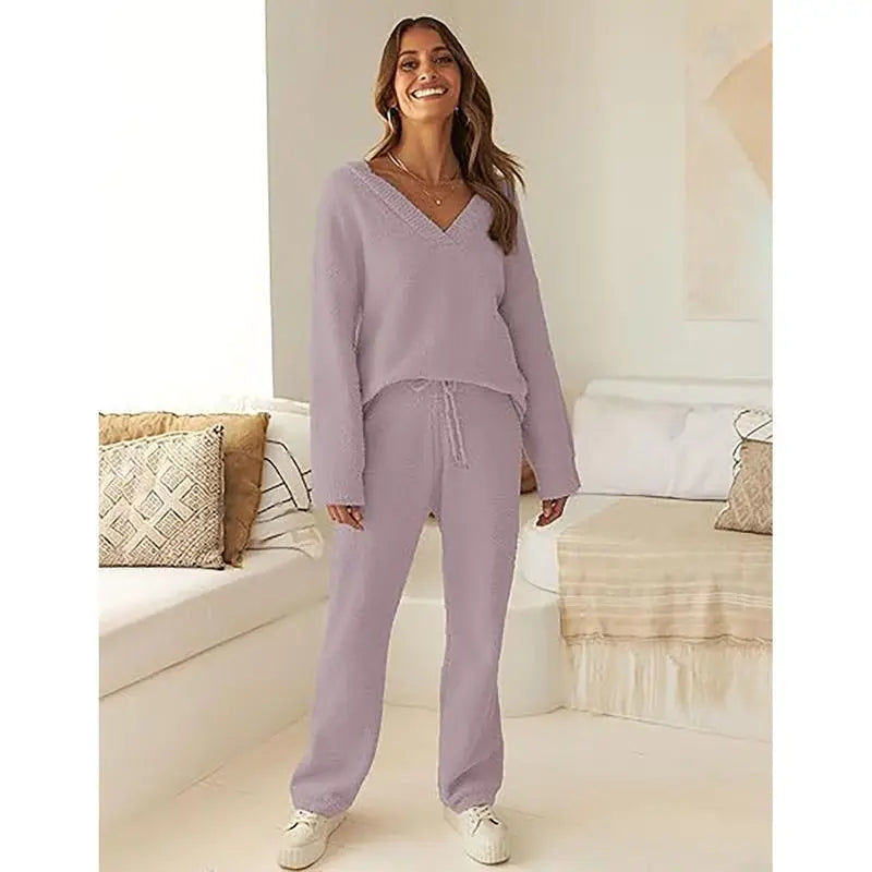 Women's 2 Piece Outfits Fuzzy Fleece Pajama Set Long Sleeve