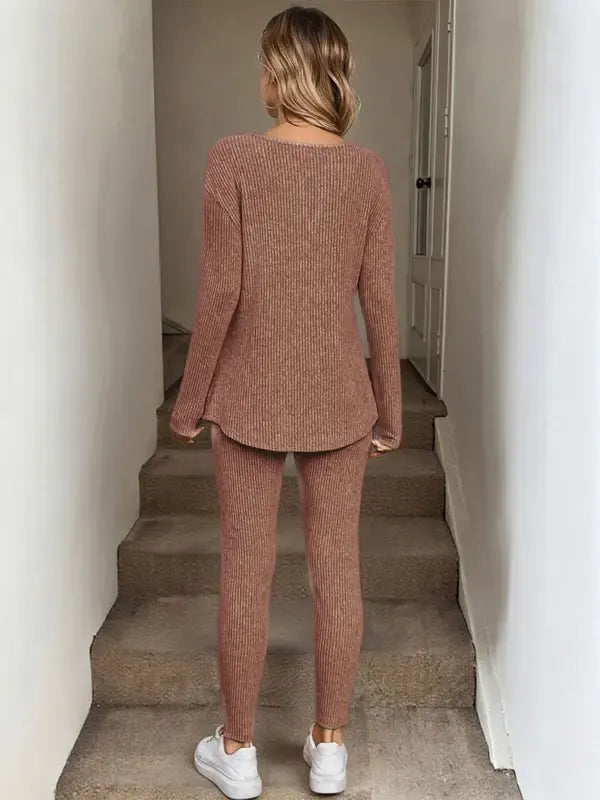 2pcs/Set Women's Plush Rib-Knit Leggings Suit