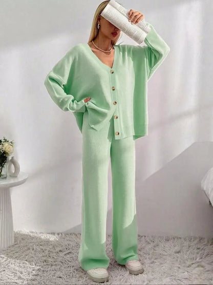Women's Solid Button Front Drop Shoulder V Neck Cardigan & Elastic Waist Wide Leg