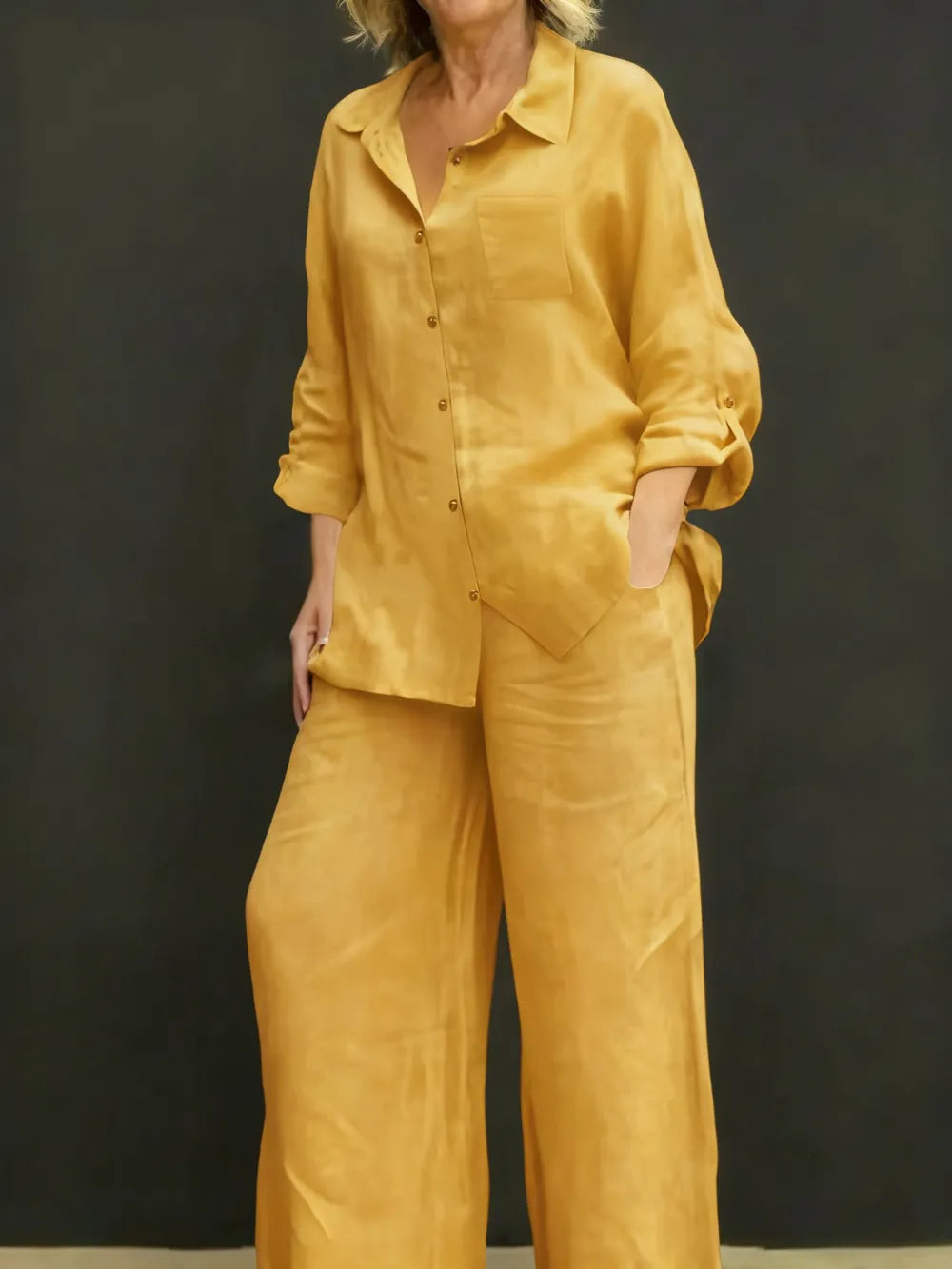 Women's Solid Color Shirt & Wide Leg Pants Set