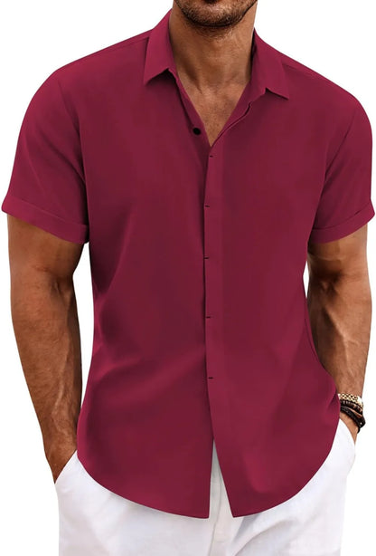 Men's Linen Shirts Short Sleeve Casual Shirts Button Down Shirt for Men Beach Summer Wedding Shirt