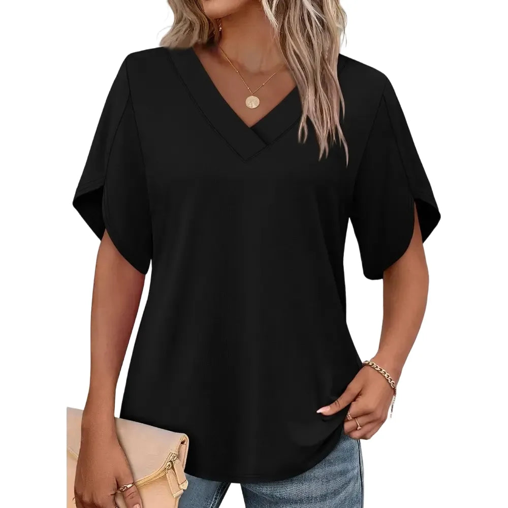 FASHION Womens Summer Tops Short Petal Sleeve Shirts V Neck Outfits Clothes