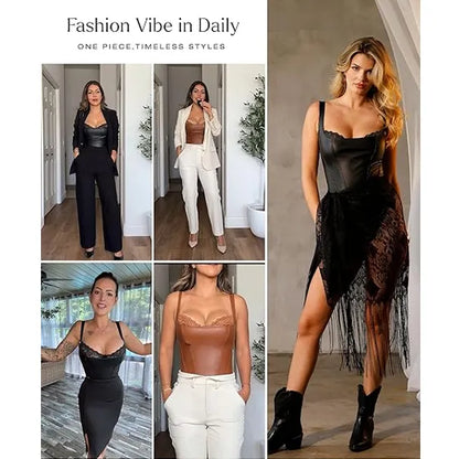 Basic sexy faux leather corset bodysuit