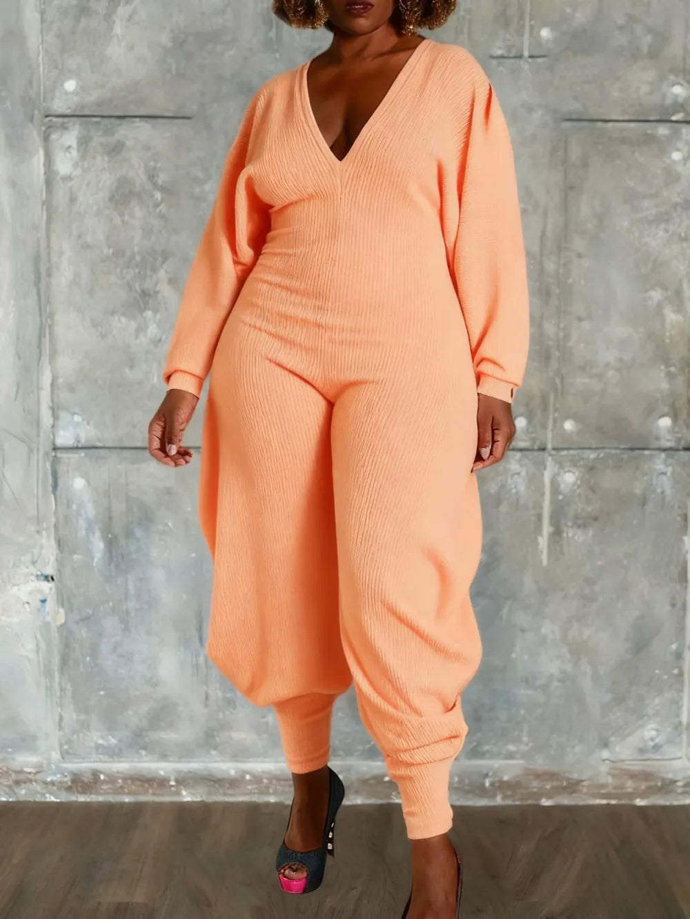 Women's Plain Bishop Sleeve Deep V Neck Jumpsuit