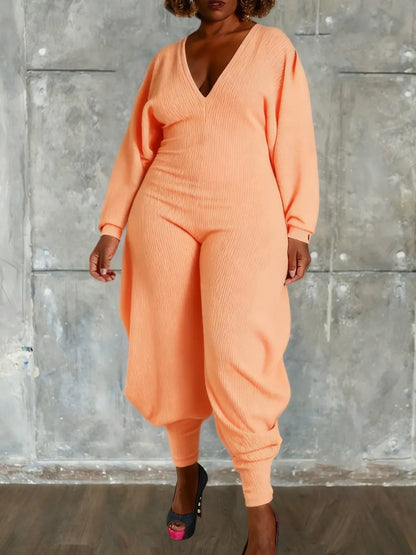 Women's Plain Bishop Sleeve Deep V Neck Jumpsuit