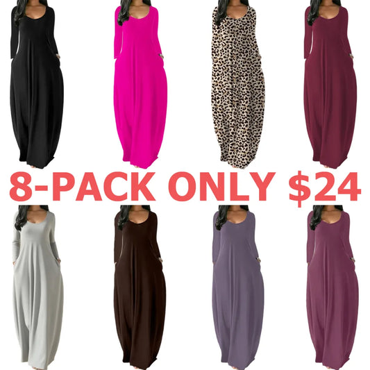 Women's Long Nightgown,Casual Round Neck Long Sleeve Pocket Sleepwear,Soft Comfortable All-Season Loungewear