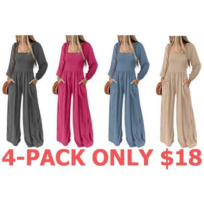 Women's Casual Loose Overalls Jumpsuits One Piece Long Sleeve Wide Leg Long Pant Rompers With Pockets
