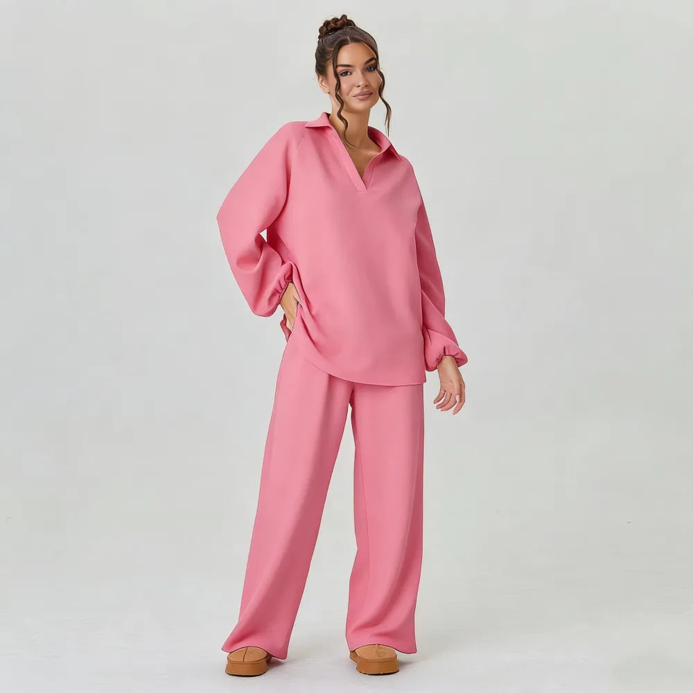 Women's Slouchy Solid Color V-Neck Loose Textured Pullover & Drawstring Waist Trousers Co-ord