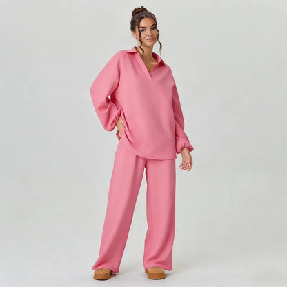 Women's Slouchy Solid Color V-Neck Loose Textured Pullover & Drawstring Waist Trousers Co-ord
