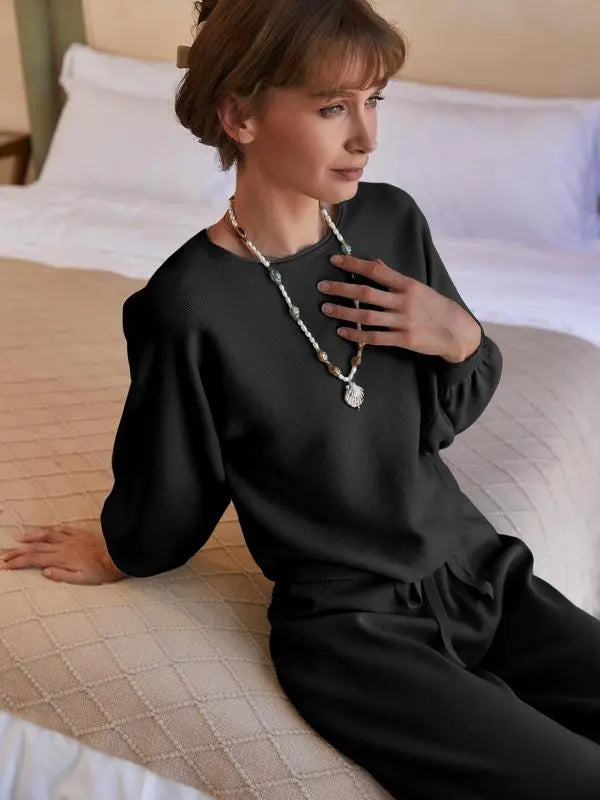 Women's two-piece set long sleeved pullover top with pockets wide leg pants casual set Pajama Loungewear Nightwear