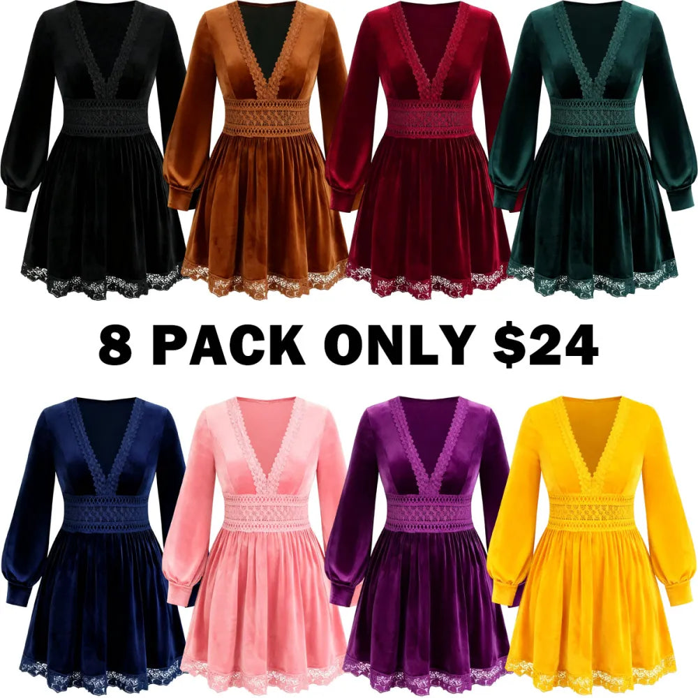 Velvet Lace Patchwork Lantern Sleeve Long Dress