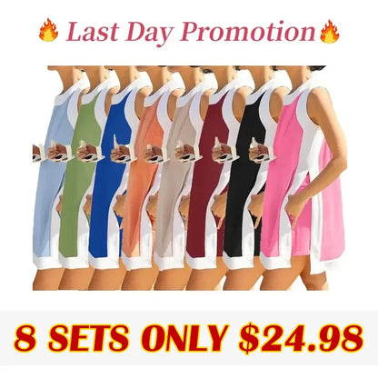 Women's 2-Piece Sets Color Block Crewneck Sleeveless Top + Skirt & Shorts w/ Pockets