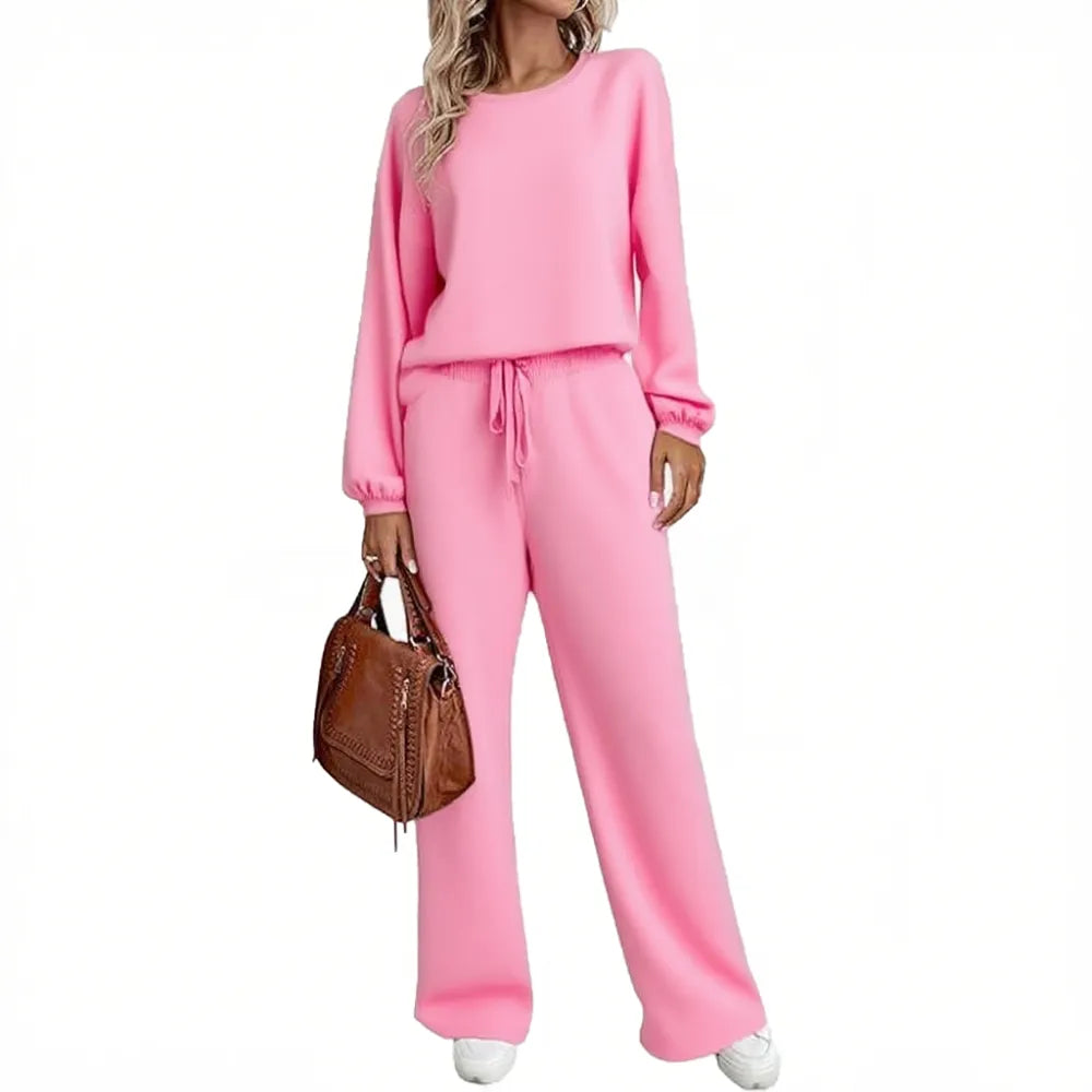 Women's two-piece set long sleeved pullover top with pockets wide leg pants casual set Pajama Loungewear Nightwear
