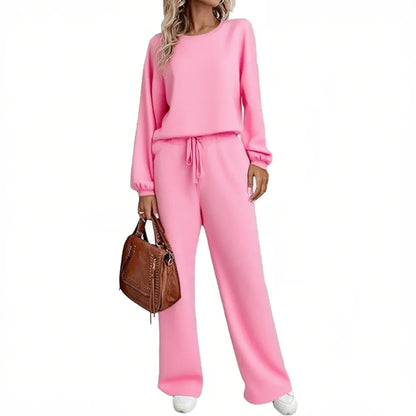 Women's two-piece set long sleeved pullover top with pockets wide leg pants casual set Pajama Loungewear Nightwear