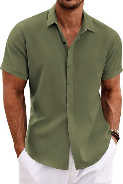 Men's Linen Shirts Short Sleeve Casual Shirts Button Down Shirt for Men Beach Summer Wedding Shirt