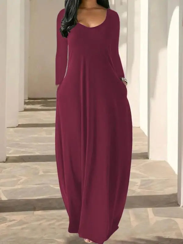 Women's Long Nightgown,Casual Round Neck Long Sleeve Pocket Sleepwear,Soft Comfortable All-Season Loungewear