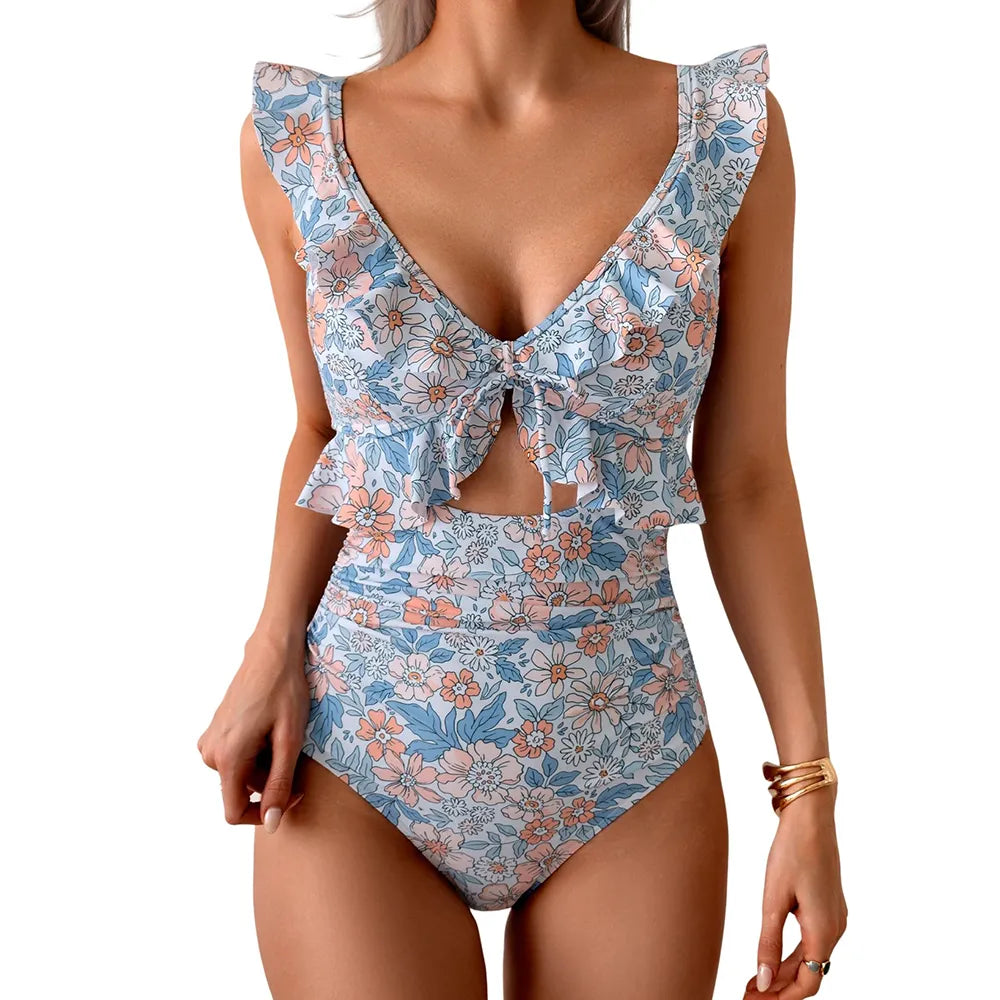 One Piece Swimsuit Ruffle Bathing V Neck Ruched