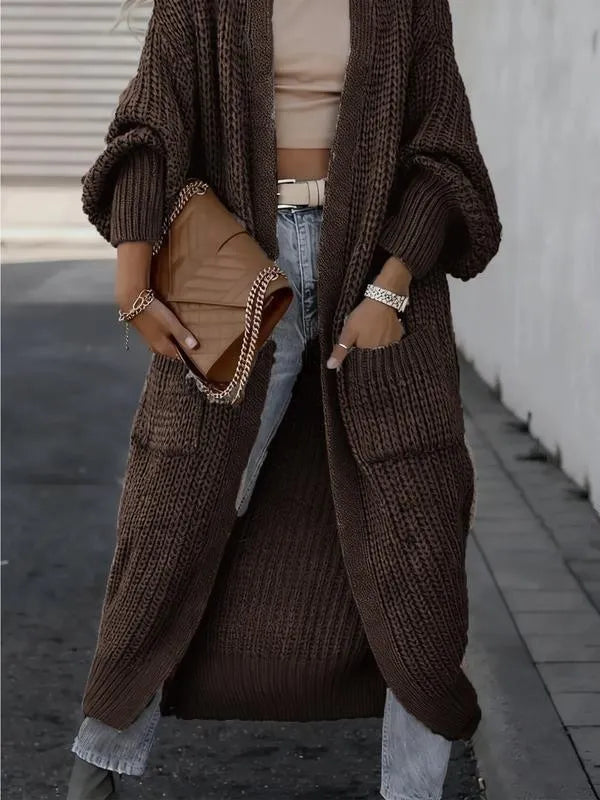 Women's Solid Drop Shoulder Long Cardigan, Casual Pocket Long Sleeve Cardigan,Sweaters for Women