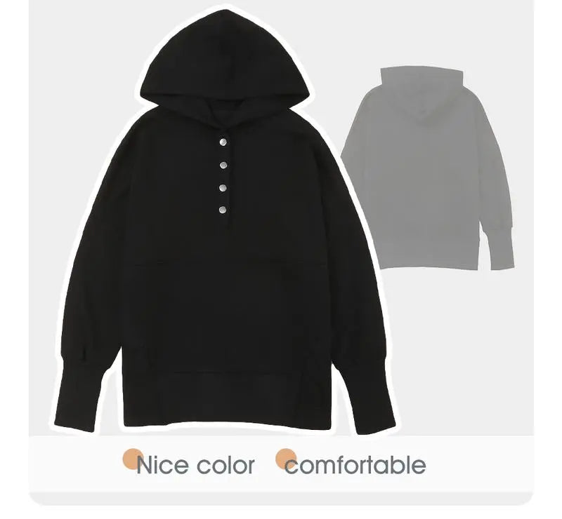Women's Casual Oversized Sweatshirts Hoodies Button V Neck Long Sleeve Cotton Henley Pullover Hooded Tops 2025 Womenswear Winter Outfits Clothes