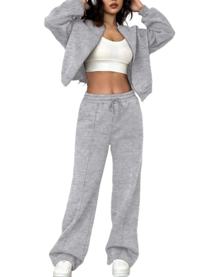 Two-piece Set Women's Solid Zip Up Drop Shoulder Jacket & Pocket Elastic Waist Pants