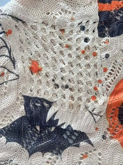 Women's Halloween Pumpkin Print Long Sleeve Knit Top