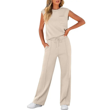 Women's Summer 2 Piece Outfits Casual Sleeveless Sweatsuits Matching Wide Leg Tracksuits Lounge Sets Women Basic Vacation Outdoor Outfit Sets Womenswear
