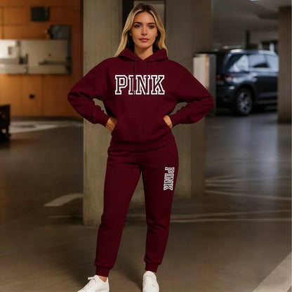 Women's Pink Print Hoodie And Drawstring Track Pants Set, Casual Sportswear, Long-Sleeved Hooded Jacket And Pants, Suitable For Autumn And Winter, Everyday Wear, Indoor And Outdoor Sportswear, Casual Sportswear.
