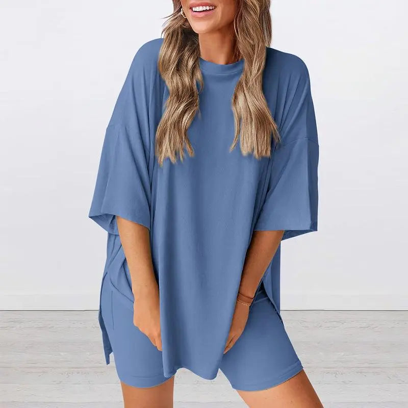 Women's Summer Two-Piece Set 2025 Casual Oversized Crewneck Split Hem Shirts & Side Pocket Biker Shorts Minimalist Lounge Wear Soft Viscose Fabric Comfy Homewear Cozy Pjs