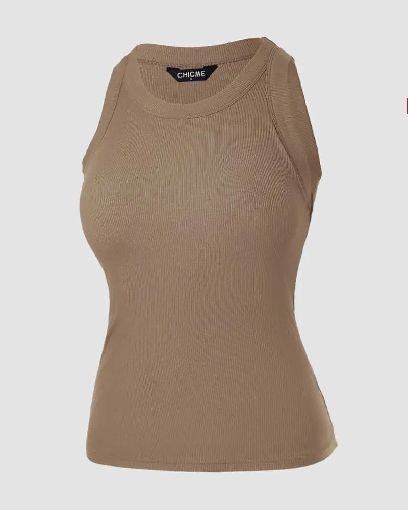 O-Neck Knit Sleeveless Basic Slim Fit Tummy Control Tank Casual Top(Without Pads)