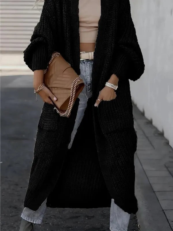 Women's Solid Drop Shoulder Long Cardigan, Casual Pocket Long Sleeve Cardigan,Sweaters for Women