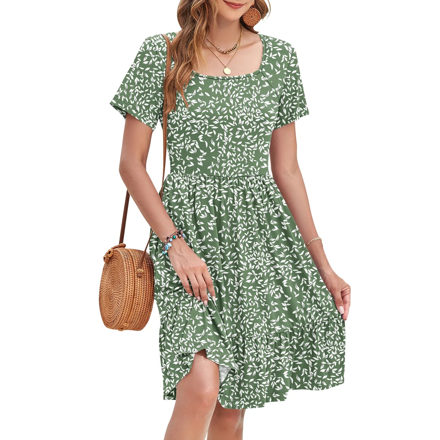 Women Square Neck Ditsy Floral Dress, Ruffle Empire Waist A-Line Sundress With Pockets