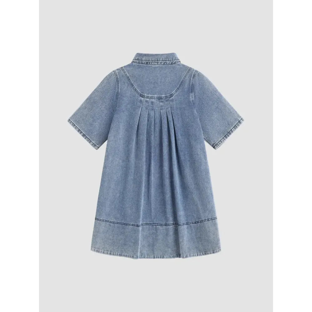 Women's Denim Shirt Mini Dress - Short Sleeve A-Line Swing Fit with Button Half-Placket and Chest Pocket