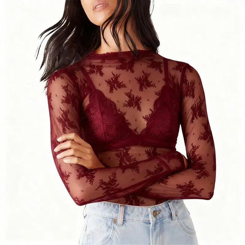 Women's Lace Blouse, Mesh Long-Sleeve Floral Lace Shirt