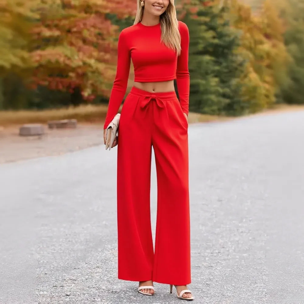 2-Piece Ribbed Knit Long Sleeve Crop Top Wide Leg Pants Matching Lounge Set Loungewear