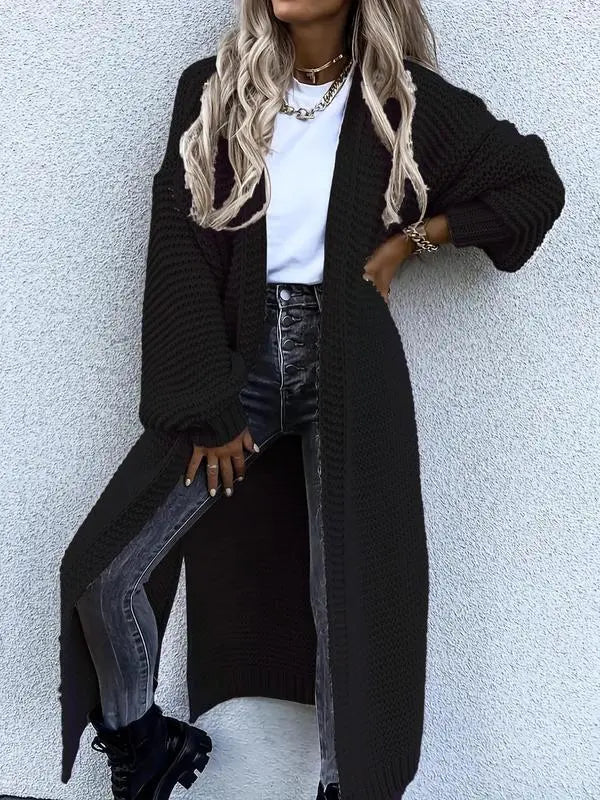 Women's Solid Split Hem Bishop Sleeve Open Front Longline Cardigan, Knit Clothing for Daily Wear, Womenswear