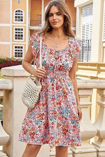 🔥2025 CRAZY DEAL🔥Summer Dresses for Women 2025 Boho Ruffle Sleeve Smocked Mini Dress