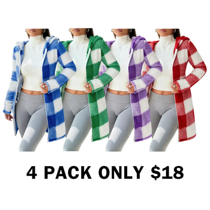 Plaid Fleece Long Sleeve Hooded Coat