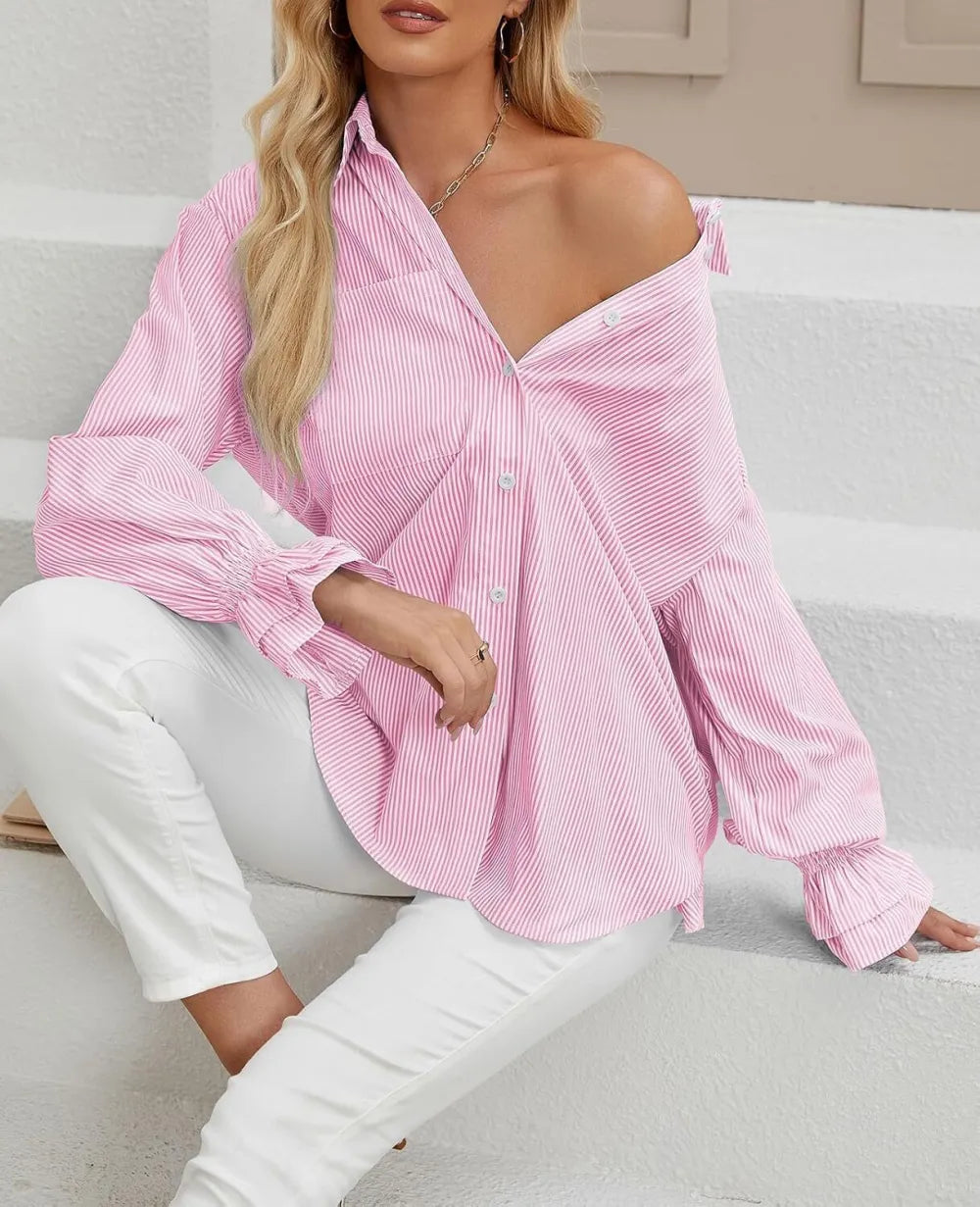 Women's Striped Button Down Shirts Smocked Cuffed Boyfriend Shirt Long Sleeve Blouse Top with 3 Pockets