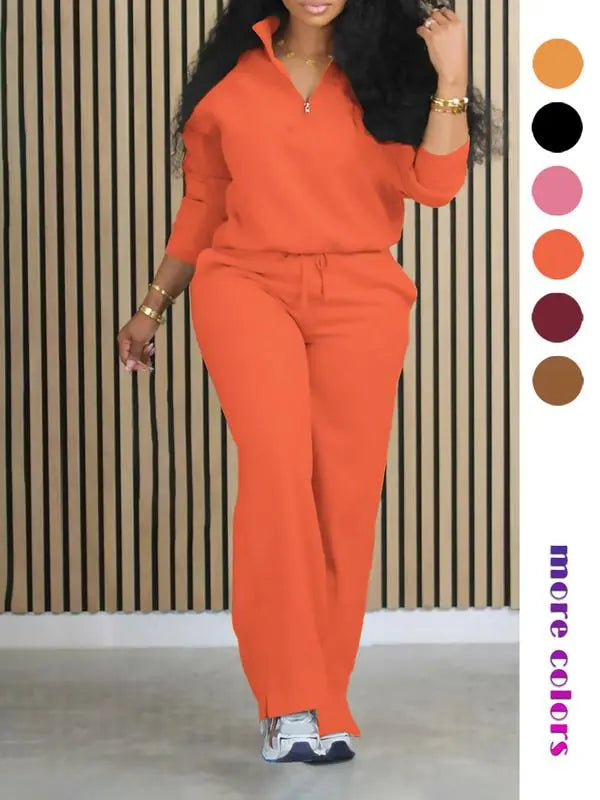Women's Solid Casual Long Sleeve Top & Pocket Wide Leg