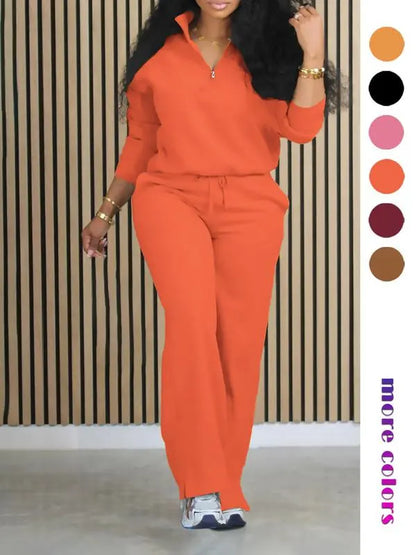 Women's Solid Casual Long Sleeve Top & Pocket Wide Leg