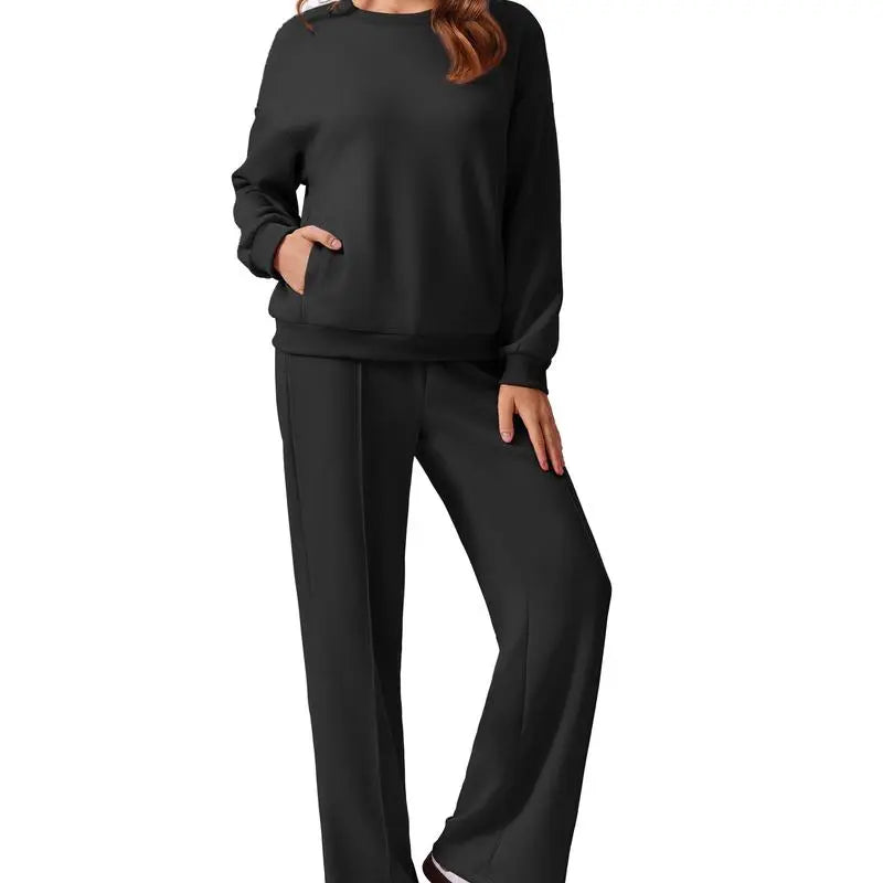 2-Piece Long Sleeve Sweatshirt Drawstring Straight Leg Pants