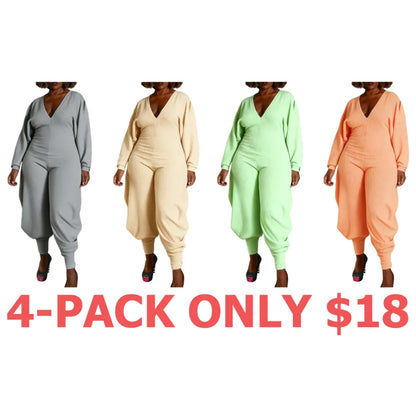 Women's Plain Bishop Sleeve Deep V Neck Jumpsuit