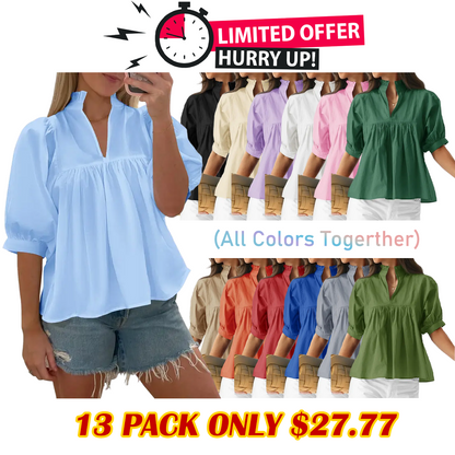 Womens V Neck Puff Sleeve Blouse Babydoll Peplum Tops Dressy Casual Pleated Loose Fit Shirts